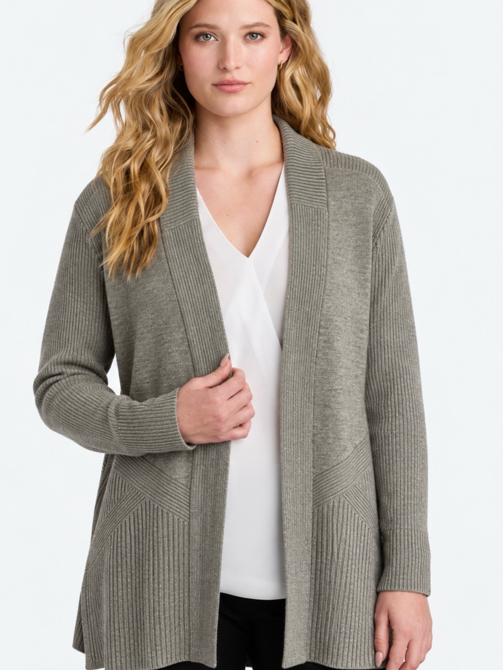 Open-Front Long Ribbed Cardigan Sweater - Gray